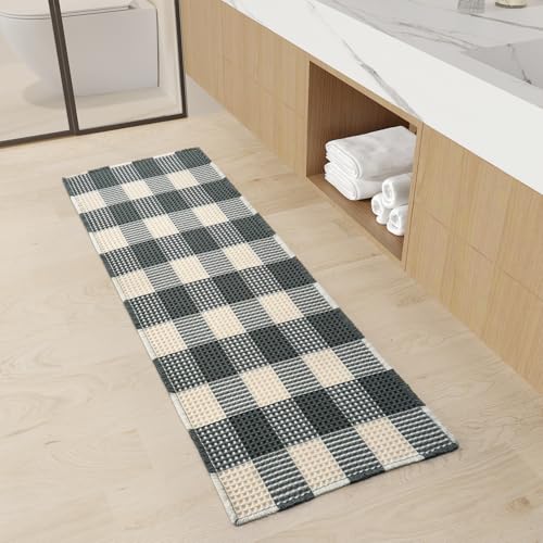 Unique Waffle Runners for Hallways, Super Absorbent Non Slip Bathroom Runner Rug Patchwork Checkered Boho Bath Mat Washable Runner for Entryway Kitche