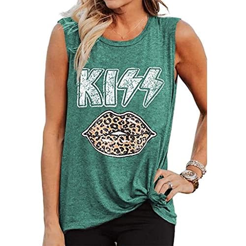 Fuyxxmer Womens Kiss Letter Print Leopard Lips Casual Round Neck Sleeveless Tanks Tops Green Large