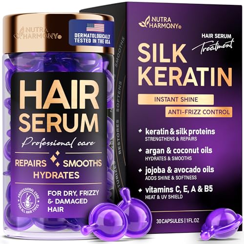 Hair Serum Capsules – Keratin & Silk Protein Hair Treatment with Argan, Coconut, Jojoba & Avocado Oils – Leave‑In Anti‑Frizz Hair Oil w- Vitam