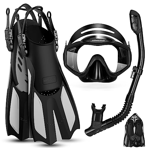 Odoland Kids Snorkeling Packages Mask Fins Set, Anti-Fog and Anti-Leak Dry Top Diving Mask with Adjustable Swim Fins for Boys and Girls Age 9-15 Black