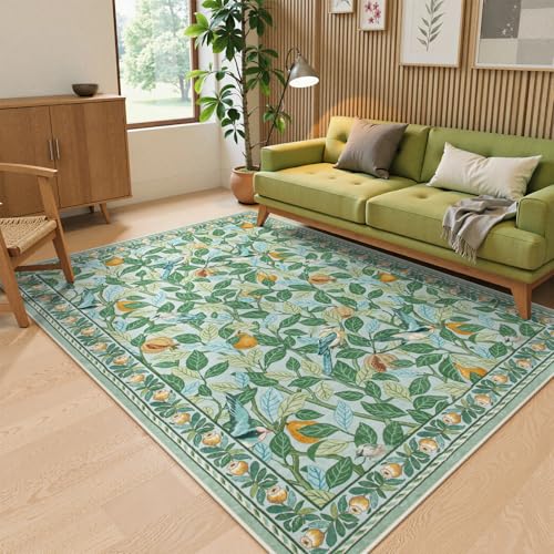 Moynesa Botanical Bird 5x7 Rugs for Living Room, Washable Ultra-Thin Soft Bedroom Area Rug, Non-Slip Low-Pile Leaf Playroom Rug, Stain Resistant Indoo