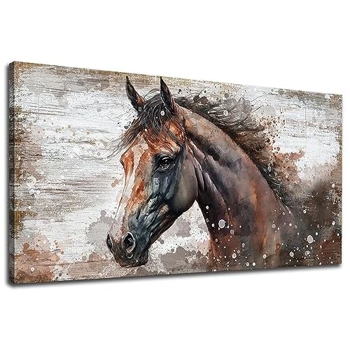 Large Horse Canvas Wall Art - Brown Horse Picture for Wall Decor Rustic Wood Plank Effect Canvas Painting Animal Portrait Canvas Print Artwork for Liv