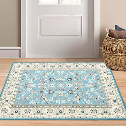 Garvee Runner Rug 2x8 Washable Rug Area Rug Vintage Hallway Indoor Floor Mat Thin Rug Retro Distressed Carpet Blue Floral Country Accent Rug Non Slip 