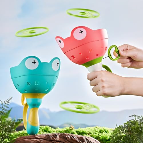 Flying Disc Launcher Toy (2 Packs), Manual Capture Catching Disk Game, Outdoor Toys for Kids Ages 4-8, Outside Yard and Lawn Family Games for Toddlers