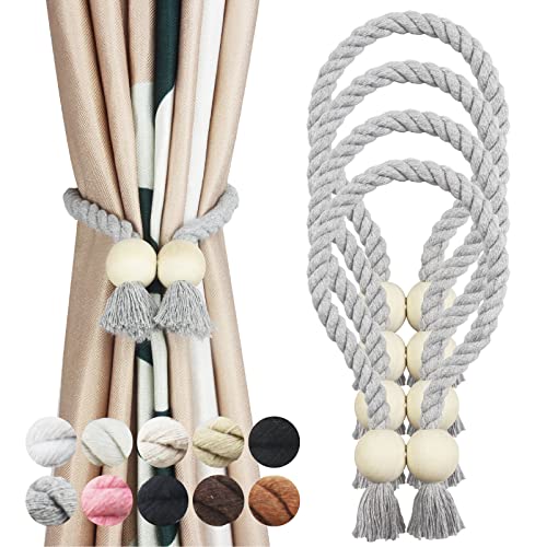 4 Pack Grey Magnetic Curtain Tiebacks Cotton Hand Woven Tieback Holdback Decorative Tie Backs for Drapes with Wooden Buckle No Tools Required Lightgre