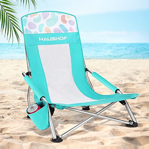 HAUSHOF High Back Beach Chair, Mesh Back Folding Chair, Lightweight Low Seat Camping Chairs with Cup Holder, Carry Bag, Padded Armrest for Outdoor Bea