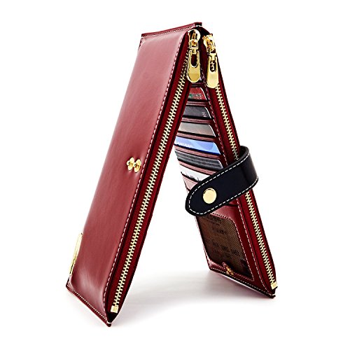 ANDOILT Women's Genuine Leather Wallet RFID Blocking Credit Card Holder Zipper Purse Cell Phone Handbag One Size Red & Black Closure