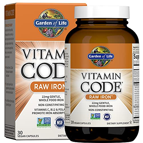 Garden of Life Vitamin Code Raw Iron Supplement - 30 Vegan Capsules, 22mg Once Daily Iron, Vitamins C, B12, Folate, Fruit, Veggies & Probiotics, Iron