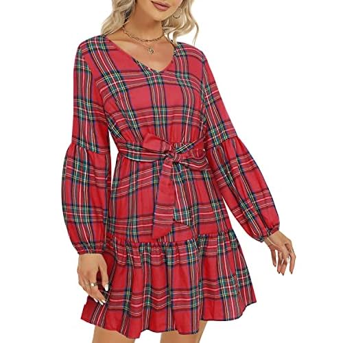 ROYLAMP Women's Tunic Dresses Long Sleeve V Neck Plaid Tie Waist Ruffle Swing Shift Casual Mini Dress with Pocket Small Plaid Red Colour