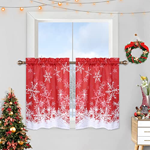 Garvee Kitchen Curtains 36 Inches Long, Christmas Snowflake Pattern Bathroom Window Curtain, Xmas Decorations Cafe Curtains Small Half Window Treatmen