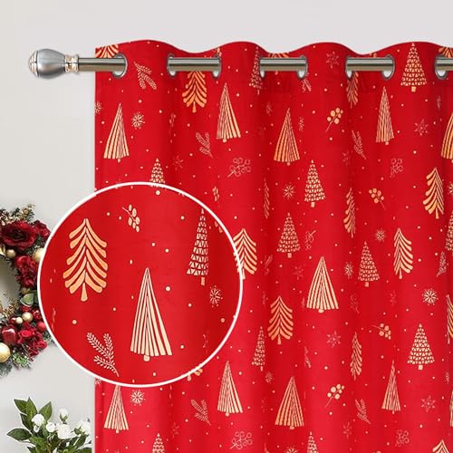 Garvee Christmas Curtains for Living Room 2 Panels, Red Velvet Long Window Curtains, Floral Holiday Decoration Curtains, Thermal Insulated Room Darken