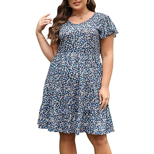 Celkuser Womens Plus Size Casual Summer Dresses Ruffle Sleeve Tiered Swing Midi Dress with Pockets 14 Plus Blue Floral