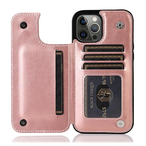 for iPhone 15 Wallet Case with Credit Card Holder,RFID Blocking,PU Premium Leather Double Magnetic Clasp Kickstand Heavy Duty Protective Cover.(Rose G