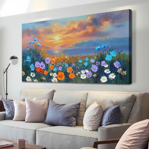 Ardemy Landscape Wall Art for Living Room Coastal Sunset Flower Canvas Textured Bedroom Floral Wildflower Painting Nature Blue Lake Picture Framed Art