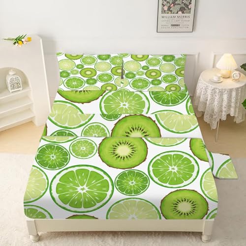 Kiwi Fruit Sheet Set Twin: Green Chinese Gooseberry Bedding Set for Kids Teens Girls Summer Fruits Bedroom Bed - 1 Flat Sheet, 1 Fitted Sheet, 1 Pillo
