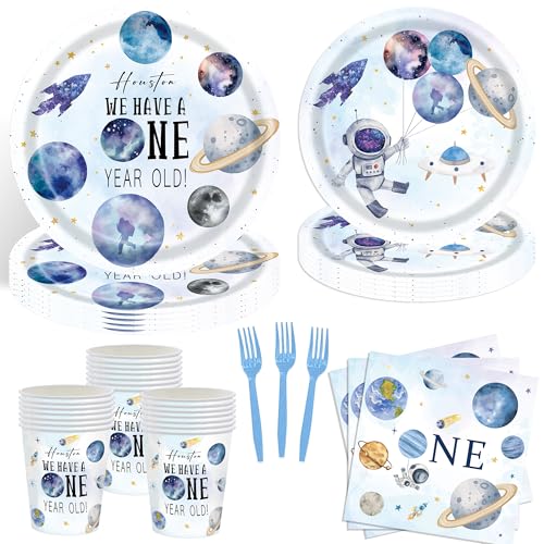 120PCS Houston We Have A One Year Old Party Plates Supplies Serve 24 Guest, Outer Space Galaxy 1st Birthday Decorations for Boys Tableware, Paper Plat