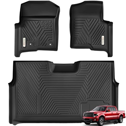 YITAMOTOR Floor Mats Compatible with 2010-2014 Ford F-150 SuperCrew-Crew Cab with Bucket Seat, TPE All-Weather Custom Fit for F150 Floor Liners W-Flow