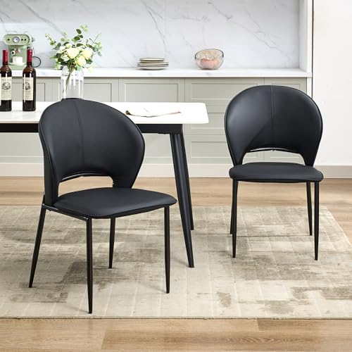 Dining Chairs Set of 2 Mid Century Modern Upholstered Chair with Metal Legs Faux Leather Mid-Back Accent Chair for Kitchen and Dining Room (Black,2 Pa