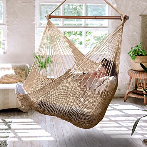 Upgraded Caribbean Hammock Chair with Detachable Metal Bar, Large Hammock Swing Chair, XL Rope Hanging Chair for Outdoor Indoor, 330 LBS Weight Capaci