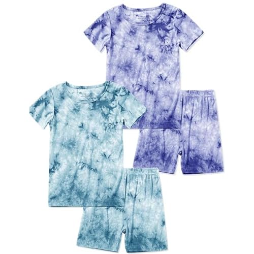 Jimonda Kids Soft Rayon From Bamboo Sleepwear Short Sleeve Boys Girls Pajama Outdoor 4-Piece tops&shorts Casual sets Tie PJ Blue&purple 2T
