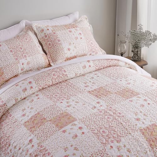 KASENTEX Country-Chic Printed Pre-Washed Quilt Bedding Set - Microfiber Fabric Quilted Pattern Bedding (Multi-Pink, Queen + 2 Shams) QUEEN + 2 Shams M