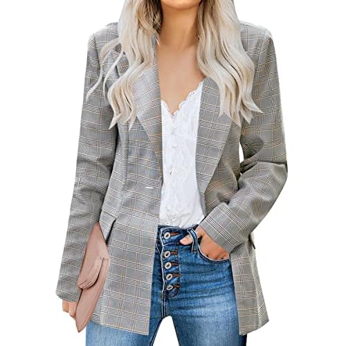 luvamia Women's Casual Long Sleeve Lapel Button Slim Work Office Blazer Jacket X-Small B Tartan Plaid Brown - Mustard