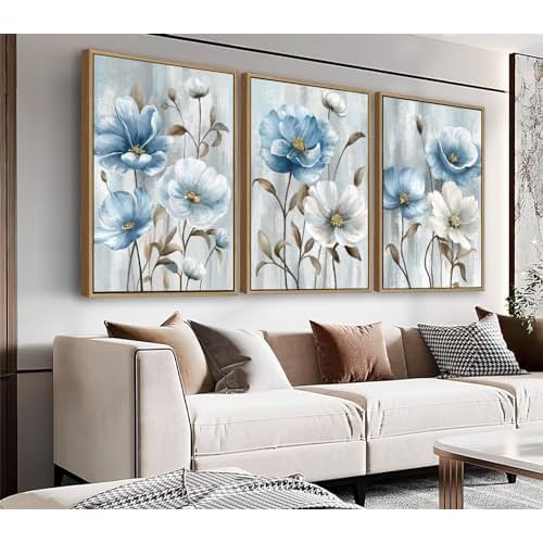 NINEASO Flowers Framed Canvas Wall Art - Blue White Flowers Pictures Abstract Floral Wall Decor Rustic Botanical Painting Farmhouse Print Artwork for