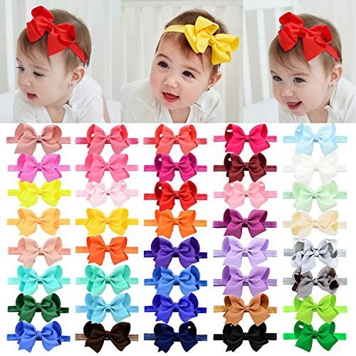 jollybows 40pcs Baby Girls Grosgrain Ribbon Hair Bows Headbands 4" Elastic Hair Band Hair Accessories for Infants Newborn- Natural Color Set 1- 40pcs