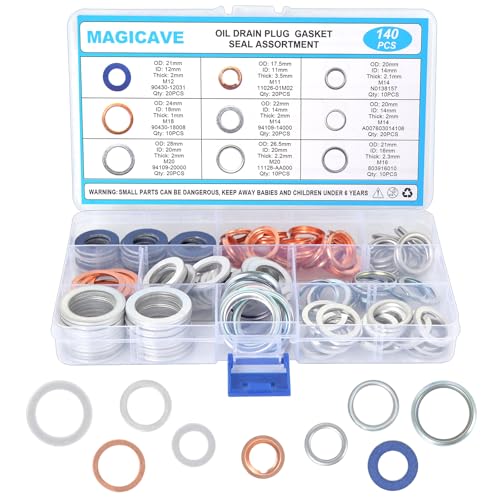 140PCS Premium Oil Drain Plug Gasket Assortment, Durable Oil Crush Washer Seals Kit, Compatible with Toyota, Honda, Subaru, VW, Audi, Mercedes Benz -