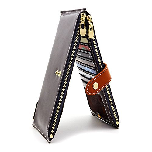 ANDOILT Women's Genuine Leather Wallet RFID Blocking Credit Card Holder Zipper Purse Cell Phone Handbag One Size Gray & Brown Closure