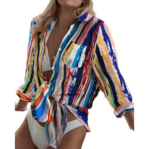Bsubseach Women Long Sleeve Beach Shirt Blouses Bathing Suit Cover Up Button Down Collar Blue Yellow Mix