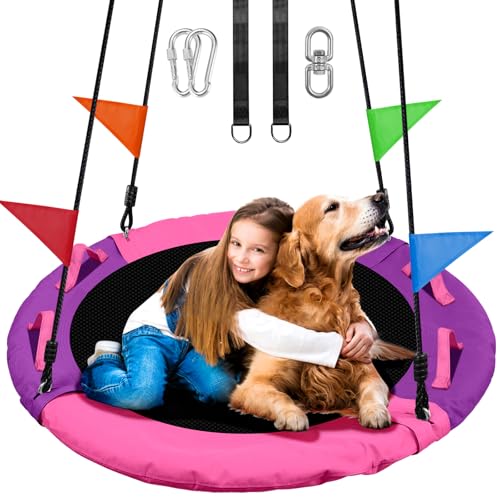 Odoland Kid Tree Swing - 40in Saucer Swings for Outdoor - Chidren Round 900D Waterproof Oxford Platform Swing - 660Lb Weight Capacity for Yard Pink Pi
