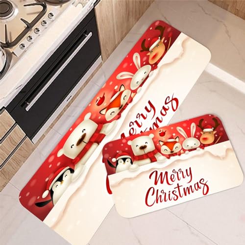 Christmas Kitchen Rugs Sets of 2, Merry Christmas Floor Mats Snowman Reindeer Fox Non-Slip Washable Snowflakes Xmas Rug Doormat Indoor Home Decor,16"x