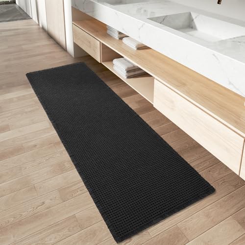 AMOAMI Upgraded Waffle Runner Rug Super Absorbent Non Slip Bath Mats for Bathroom Machine Washable Boho Bathroom Runner Rug with Tassels, Ideal for Ha