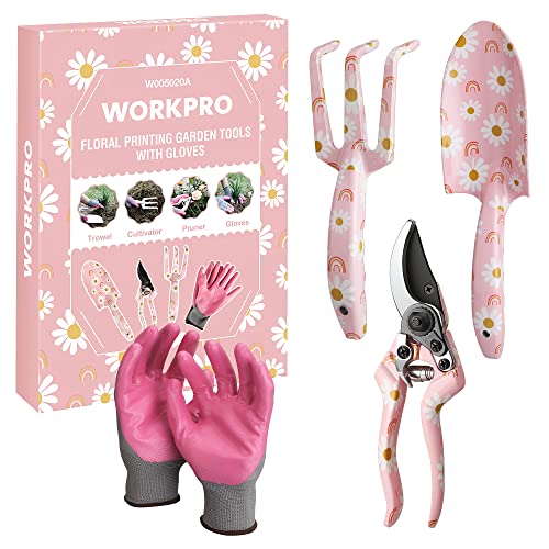 WORKPRO Aluminum Garden Tool Set, 4PCS Heavy Duty Gardening Tools with Box Include Trowel, Rake, Pruner, Gloves, Pink, Garden Gifts-Pink Ribbon