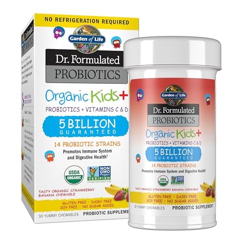 Garden of Life Kids Probiotics, Dr. Formulated Probiotics Organic Kids+ Vitamin C & D, Strawberry Banana, Gluten Dairy & Soy Free Immune & Digestive H