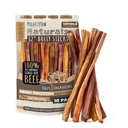 Mighty Paw Naturals Bully Sticks for Small & Medium Dogs - Grass Fed Beef Chews. Bully Sticks for Large Dogs. Lower Odor Stick Treat. Single Ingredien