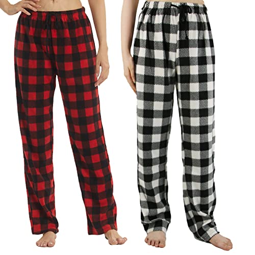 LANBAOSI Christmas Pajama Pants for Women Fuzzy Pack Long Fleece Buffalo Plaid Pj Bottoms Soft Drawstring Lounge Sleepwear Red-Grey Medium