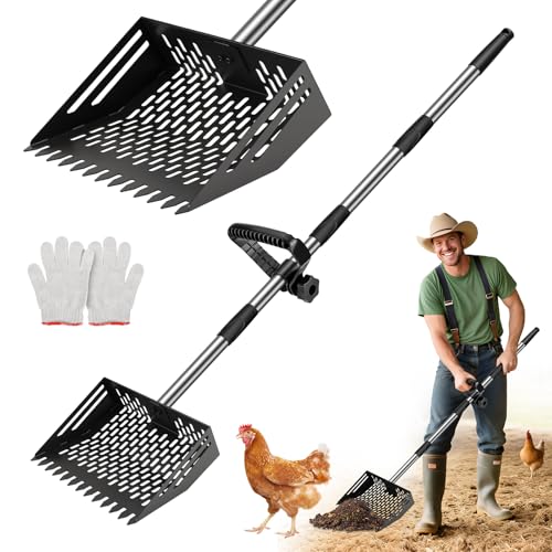 MYPIN 64.5 Inch Chicken Poop Scooper & Rake,for Chicken Pooper Small Farm Animal, with Adjustable Stainless Steel Handle, Ergonomic Grip, Cat Litter S