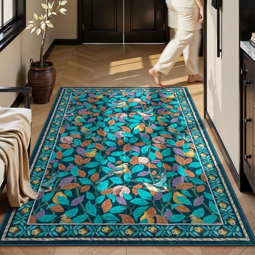 Moynesa Bird Washable Rugs 5x7, Ultra-Thin Soft 5x7 Area Rugs for Living Room Non-Slip, Easy Clean Vintage Bedroom Rug, Stain Resistant Botanical Rug