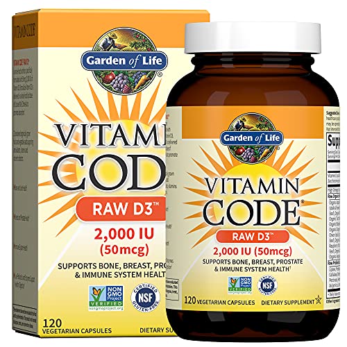 Garden of Life Vitamin D, Vitamin Code Raw D3, Vitamin D 2,000 IU, Raw Whole Food D3 Supplements with Chlorella, Fruit, Veggies & Probiotics for Bone