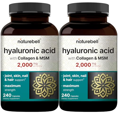 NatureBell 2 Pack Hyaluronic Acid Supplements 2,000 mg | 480 Total Capsules, with MSM & Hydrolyzed Bovine Collagen – 3 in 1 Support for Skin Hydrati
