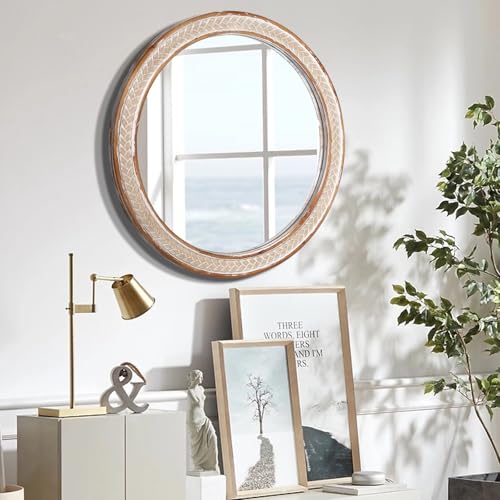 Round Wood Mirror Decorative Mirrors - 26 inches Wooden Bathroom Mirrors for Over Sink Rustic Farmhouse Circle Mirror for Wall Decor, Living Room, Bed