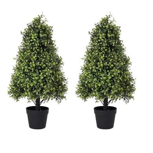 30" Artificial Boxwood Topiary Trees Outdoor Set of 2 - UV Resistant Faux Plants for Front Porch Outside Planter, Realistic Fake Cone-Shaped Bushes &