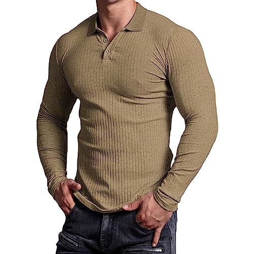 Muscle Cmdr Men's Cotton Muscle Shirts Slim Fit Business Casual Tee Long&Short Sleeve Ribbed Polo V Neck Shirt Small Brown-Long