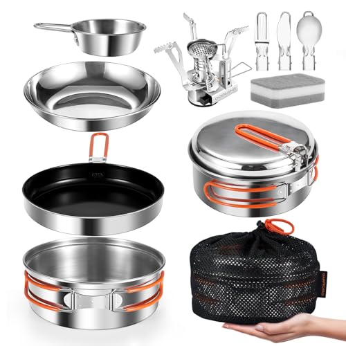 Odoland Camping Cookware Kit, Ceramic Non-Stick Cooking Set with Plates, Bowls, Forks, Knives, Spoons for Camping, Backpacking, Hiking, Picnics Campin