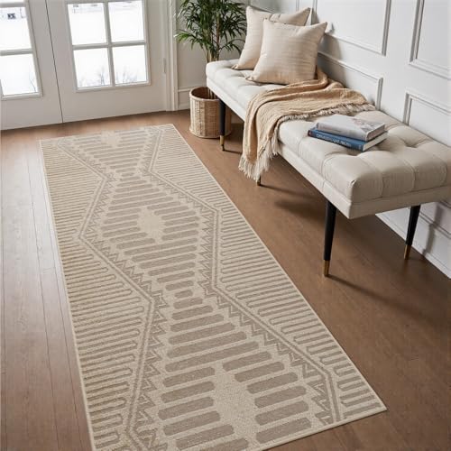 Textured Tufted Boho 2x6 ft Runner Rugs for Hallway Non Slip Hallway Runner Kitchen Bedroom Long Entryway Laundry Room Rug Washable-Beige Brown Brown