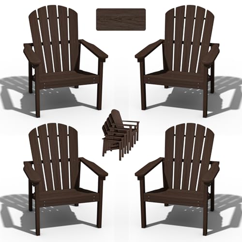 Stackable Adirondack Chair Set of 4, HDPE Outdoor Patio Chair - Durable and Space Saving, Suitable for Porches, Lawns or Garden, Coffee Coffee classic