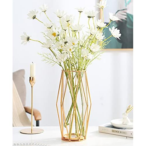 FSyueyun Gold Flower Glass Vases for Centerpieces with Premium Metal Rack, Modern Large Vases Home Decor Living Room or Wedding Centerpiece (11 Inches