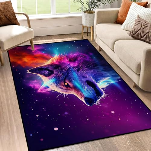 Galaxy Wolf Rug 3D Fierce Wolves Area Rugs for Kids Bedroom Living Room Playroom Gameroom Boys 59 in x 39 in Galaxy 9 3' x 5' (Rectangular)
